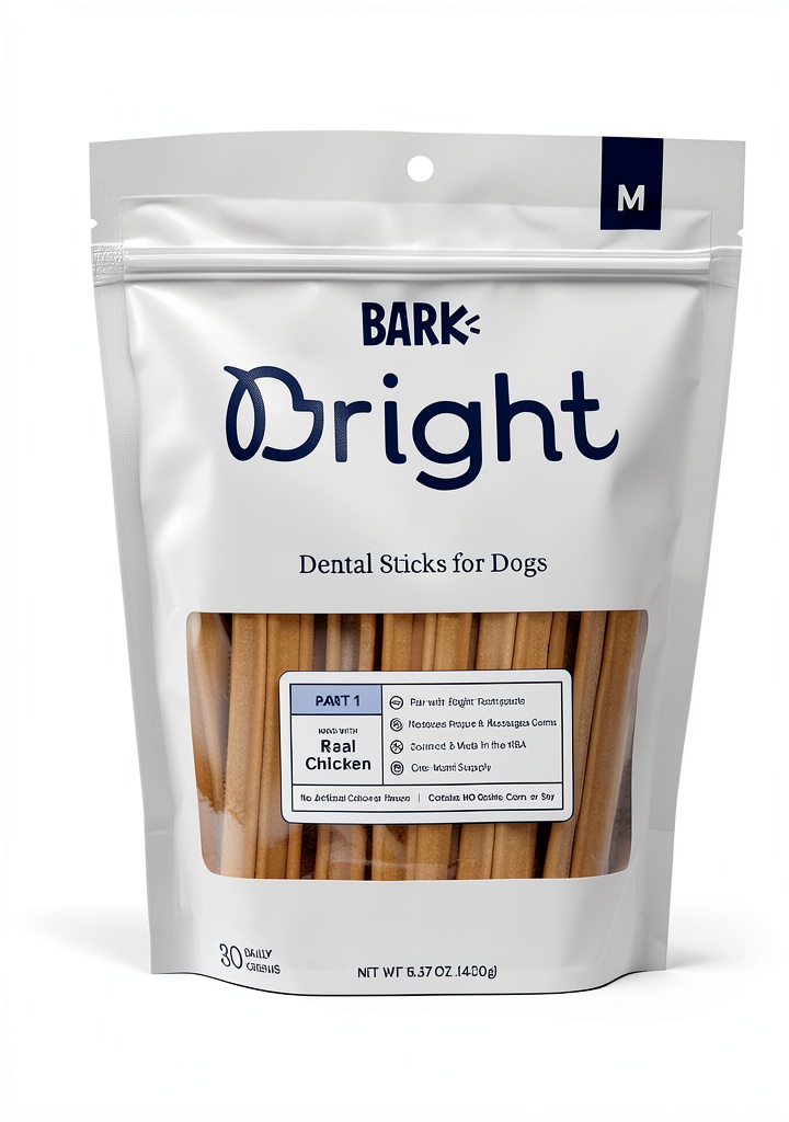 BARK Dog Dental Sticks shown in a package with a dog happily chewing