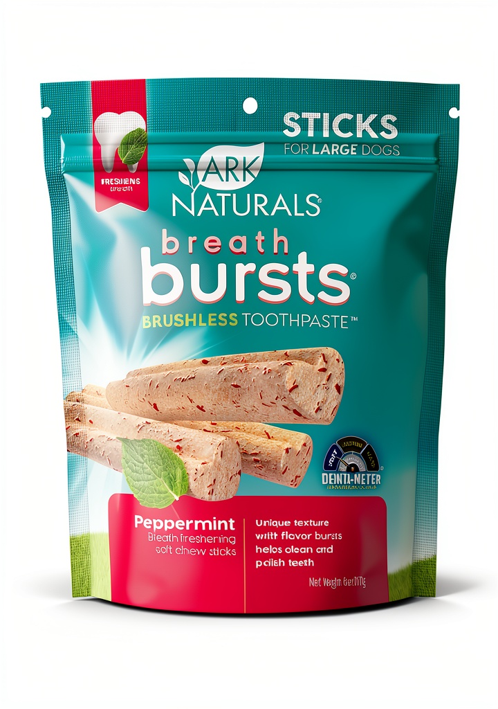 Ark Naturals Dog Dental Sticks Peppermint Breath Freshener on a wooden kitchen counter with a happy dog in the background