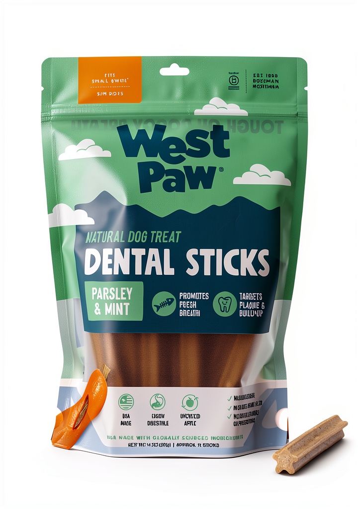 West Paw Dental Stick being chewed by a dog on a grassy lawn
