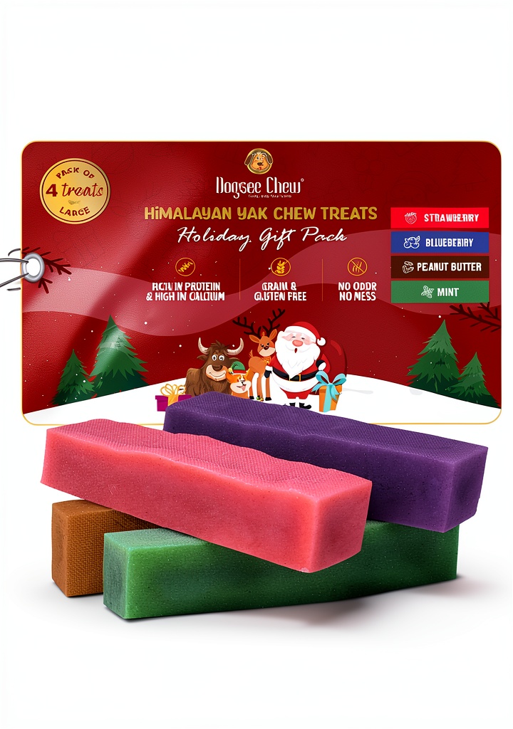 Dogsee Flavored Yak Chews in a multiflavored pack on a clean surface