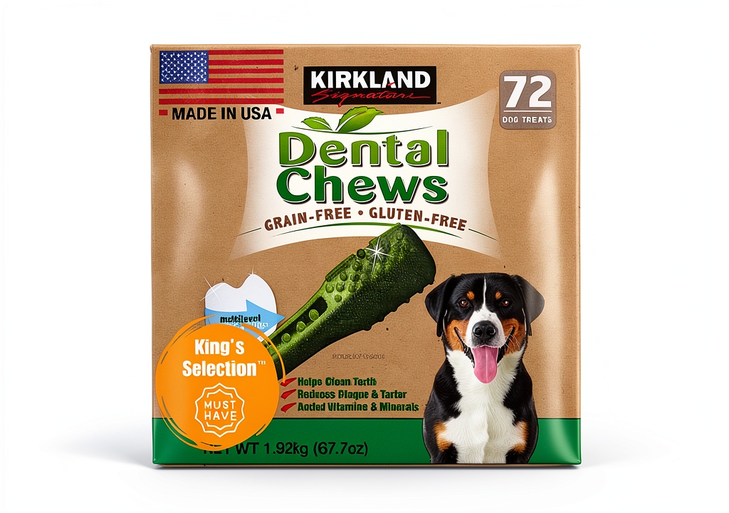 Unboxing Kings Selection Dog Dental Sticks Natural Ingredients Plaque on a kitchen counter