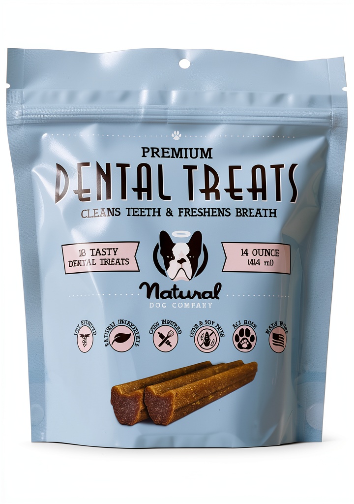 Natural Dog Company Dental Chews package and chews displayed on a clean surface